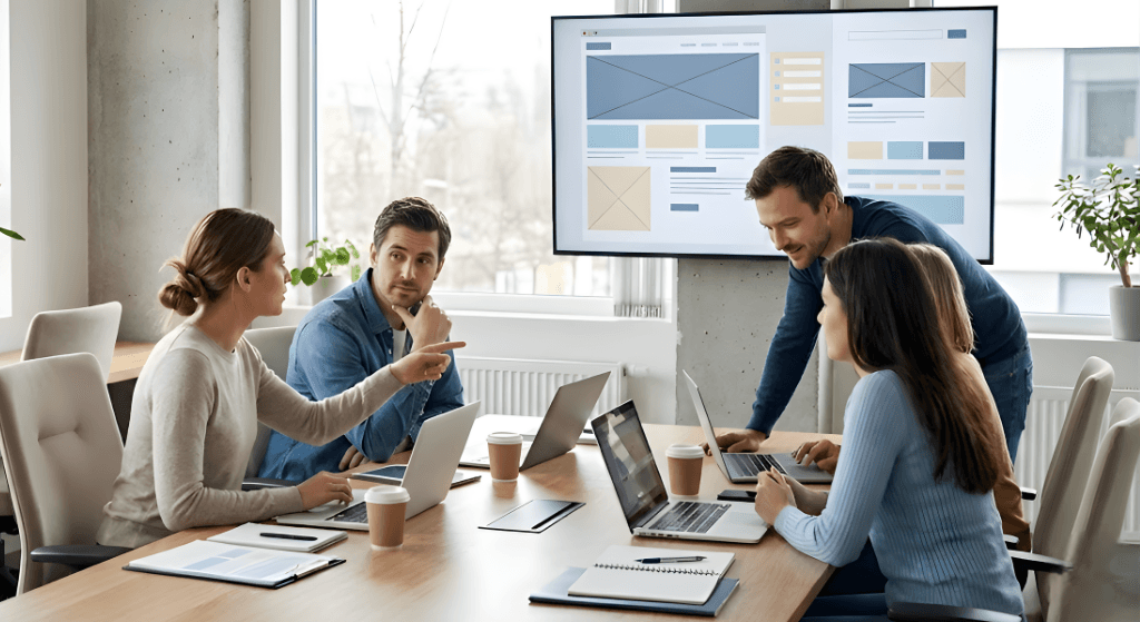 Custom web development strategy, collaborating in design planning session, professional website development company